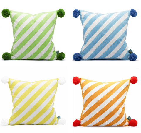 Pom Pom Cushions in green, blue, yellow and orange