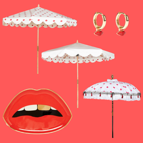 Iain with lip print parasols and red lip accessories