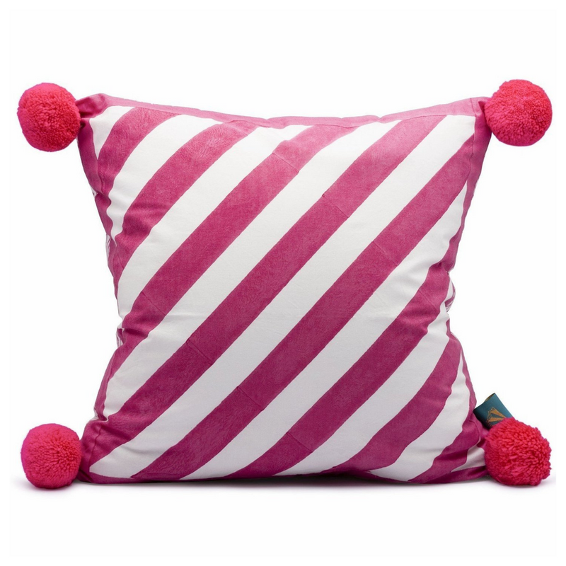 Pink pom pom cushion- handmade and hand printed on cotton, with stripes and a lovely pom pom design. It is reversible with peacock design. The ultimate accessory for your garden, home and party.