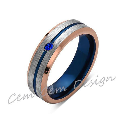 6mm,Blue Sapphire,Brushed Rose Gold,Gray and Blue,Tungsten Ring,Matching ,Mens Wedding Band,Blue Ring,Comfort Fit - LUXURY BANDS LA