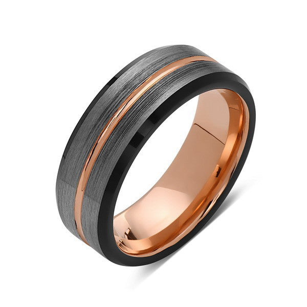 Rose Gold Tungsten Wedding Band - Gray and Black Brushed Tungsten Ring ...