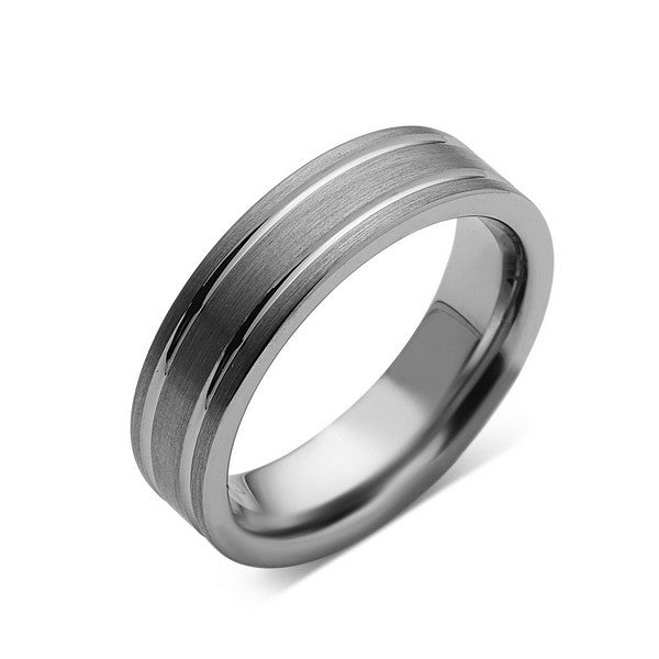 Gray Brushed Tungsten Ring - Pipe Cut - Groove - Gunmetal - 6mm - Enga