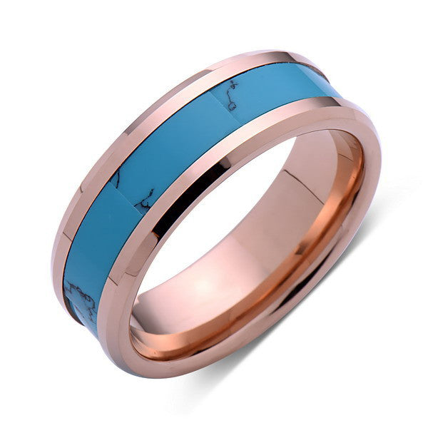 Turquoise Inlay  Tungsten Ring  Rose  Gold  Tungsten Band  