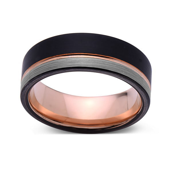 Rose Gold Tungsten Wedding Band - Black and Gray Brushed Tungsten Ring ...