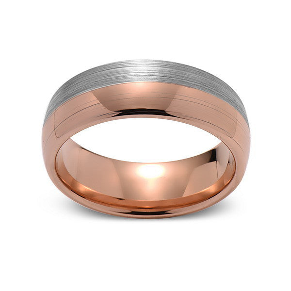 Brushed Rose Gold Tungsten Wedding Band - Brushed Gray - 8mm - Dome