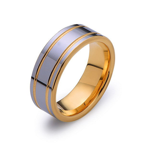 Yellow Gold Tungsten Band - High Polish Silver Ring - Yellow Groove ...