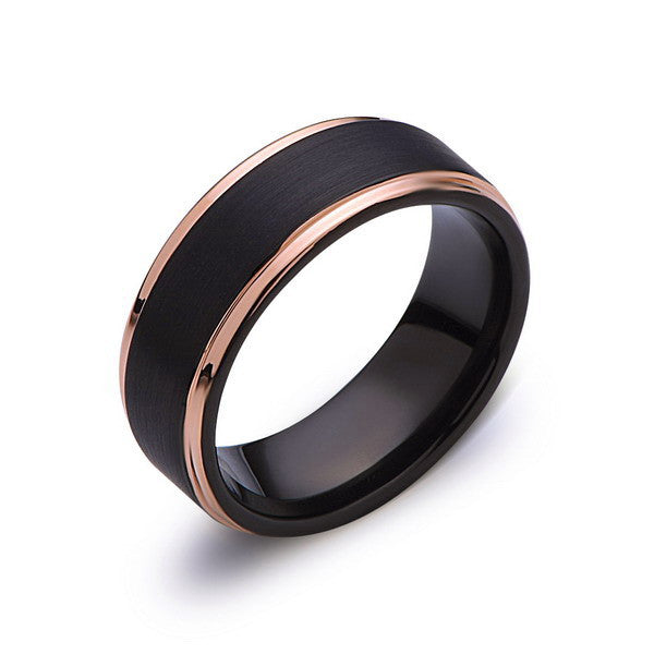 Black Tungsten Wedding Band - Black Brushed Ring - Rose Gold - 8mm ...