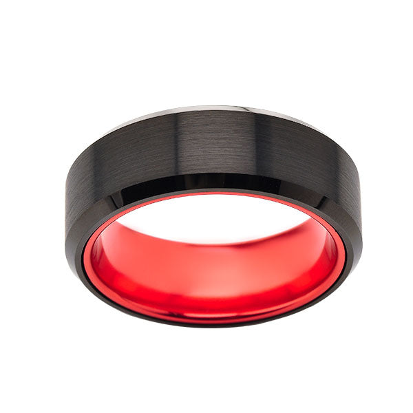 Red Tungsten Wedding Band - New Black Brushed Ring - 8mm Ring - Unique