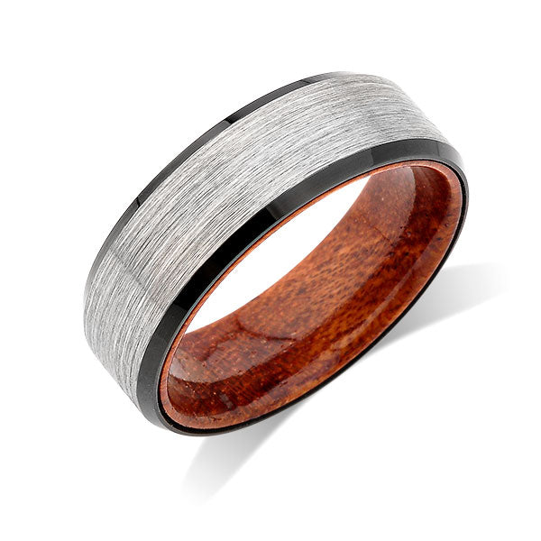 Koa Wood Wedding Ring - 8MM - Gray Gunmetal Brushed Tungsten Band - Ha ...