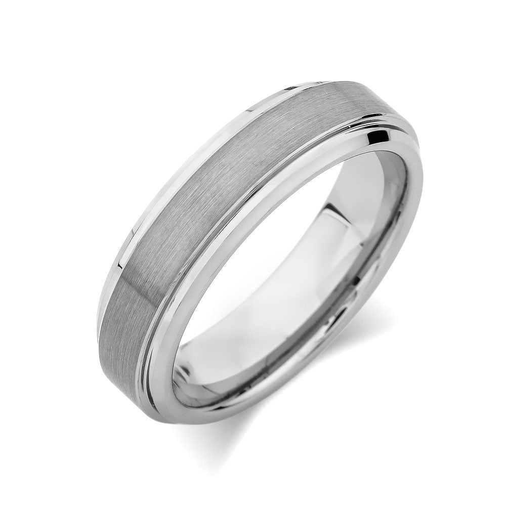 Gray Brushed Tungsten Ring - Pipe Cut - 6mm - High Polish Stepped Edge