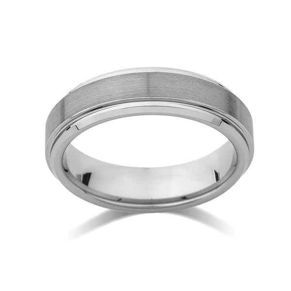 Gray Brushed Tungsten Ring - Pipe Cut - 6mm - High Polish Stepped Edge