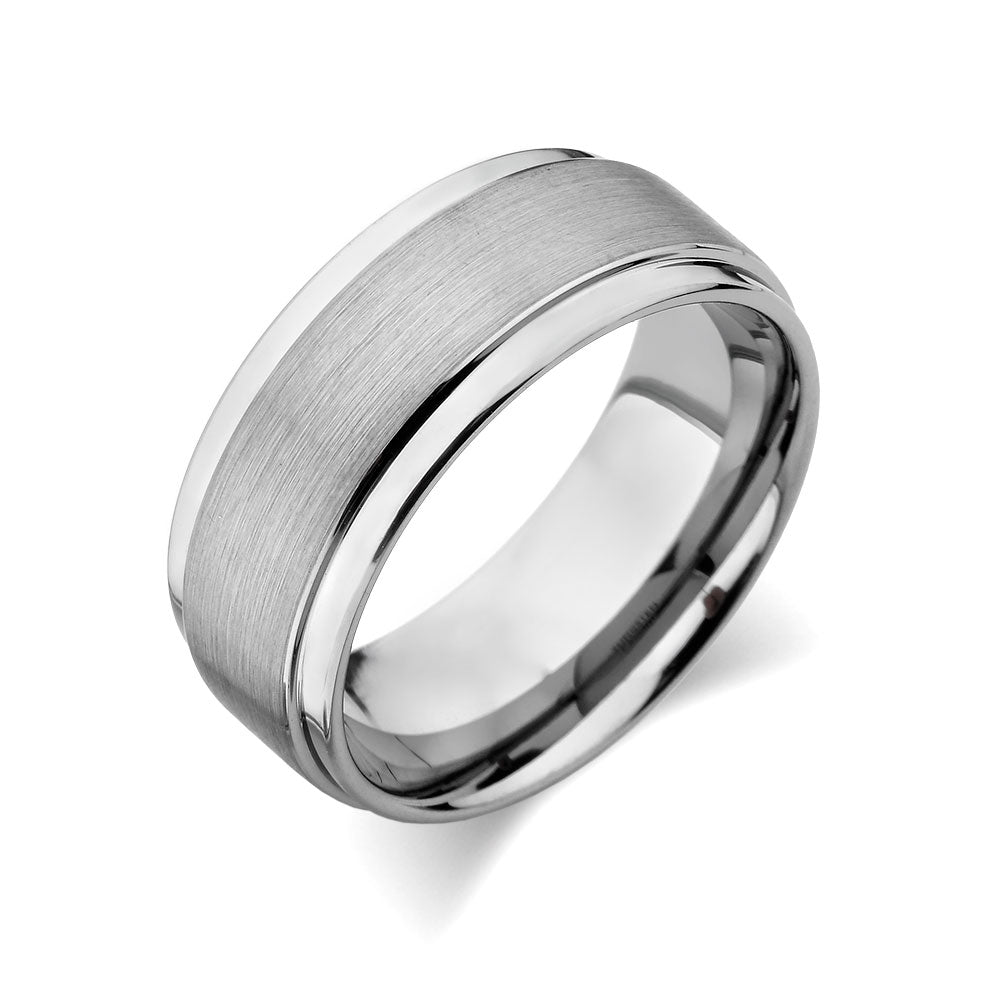 Gray Brushed Tungsten Ring - Gunmetal - 9mm - High Polish Stepped Edge