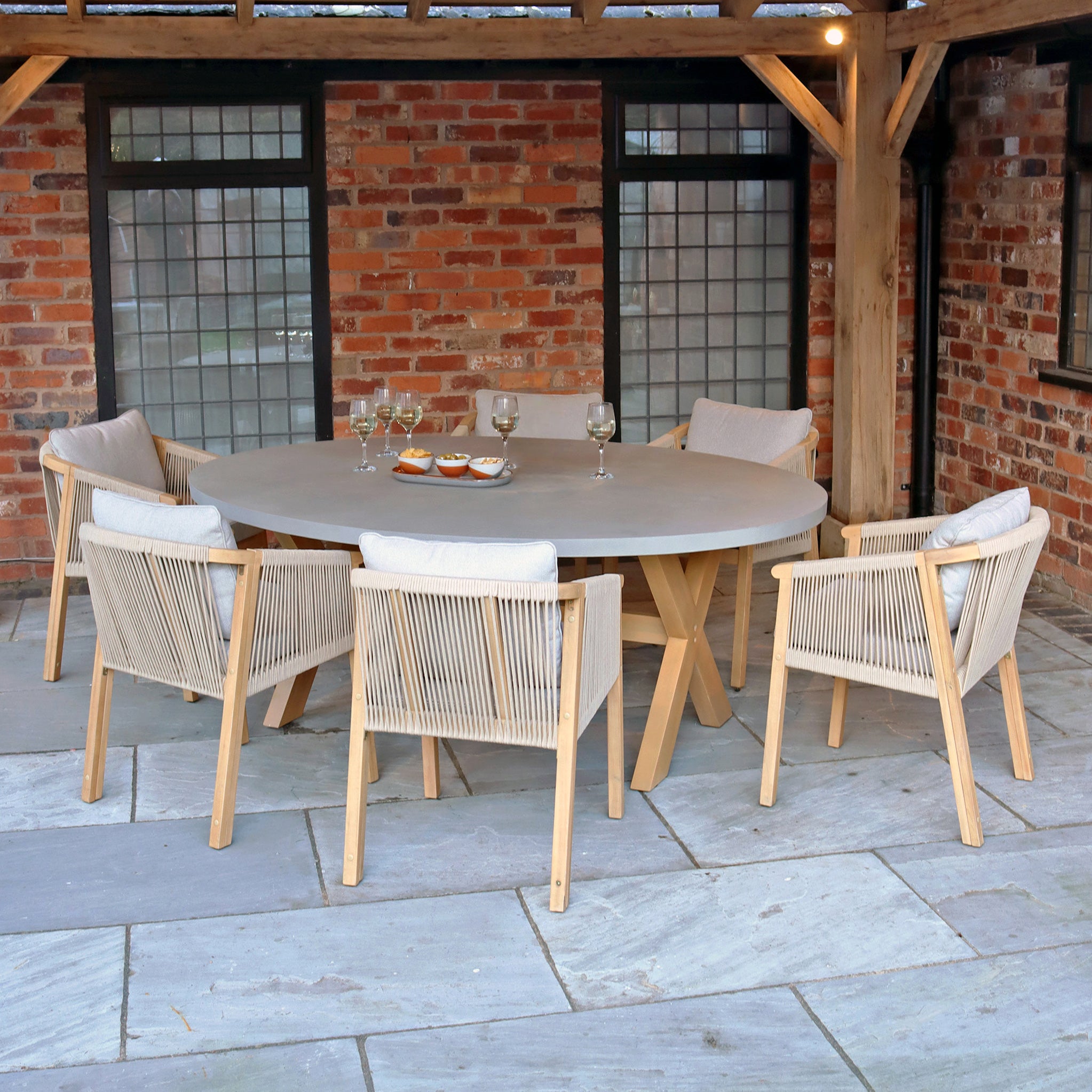 Luna 180x130cm Ellipse Concrete Table With 6 Roma Dining Chairs Roseland