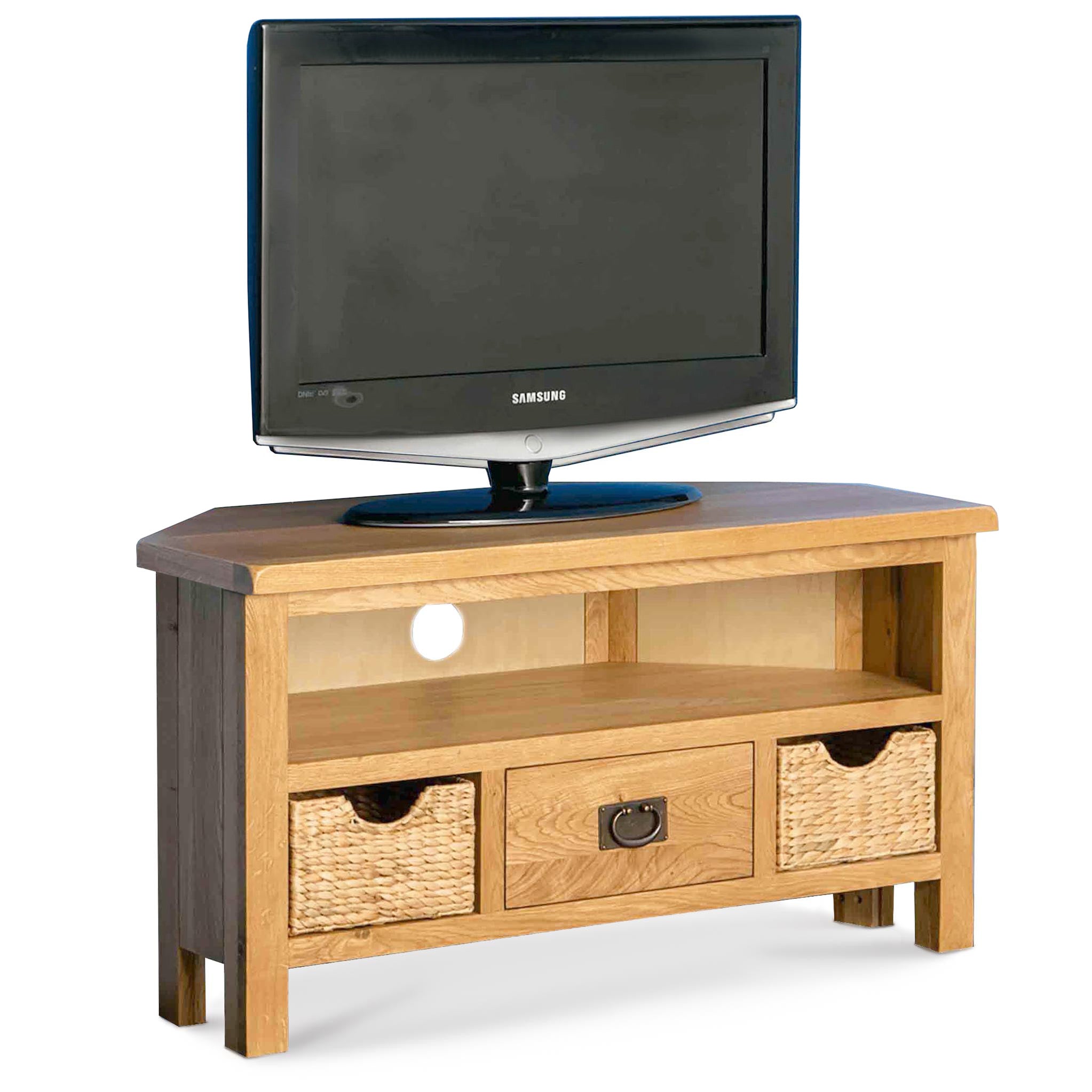 Surrey Oak Corner Tv Stand With Baskets Roseland