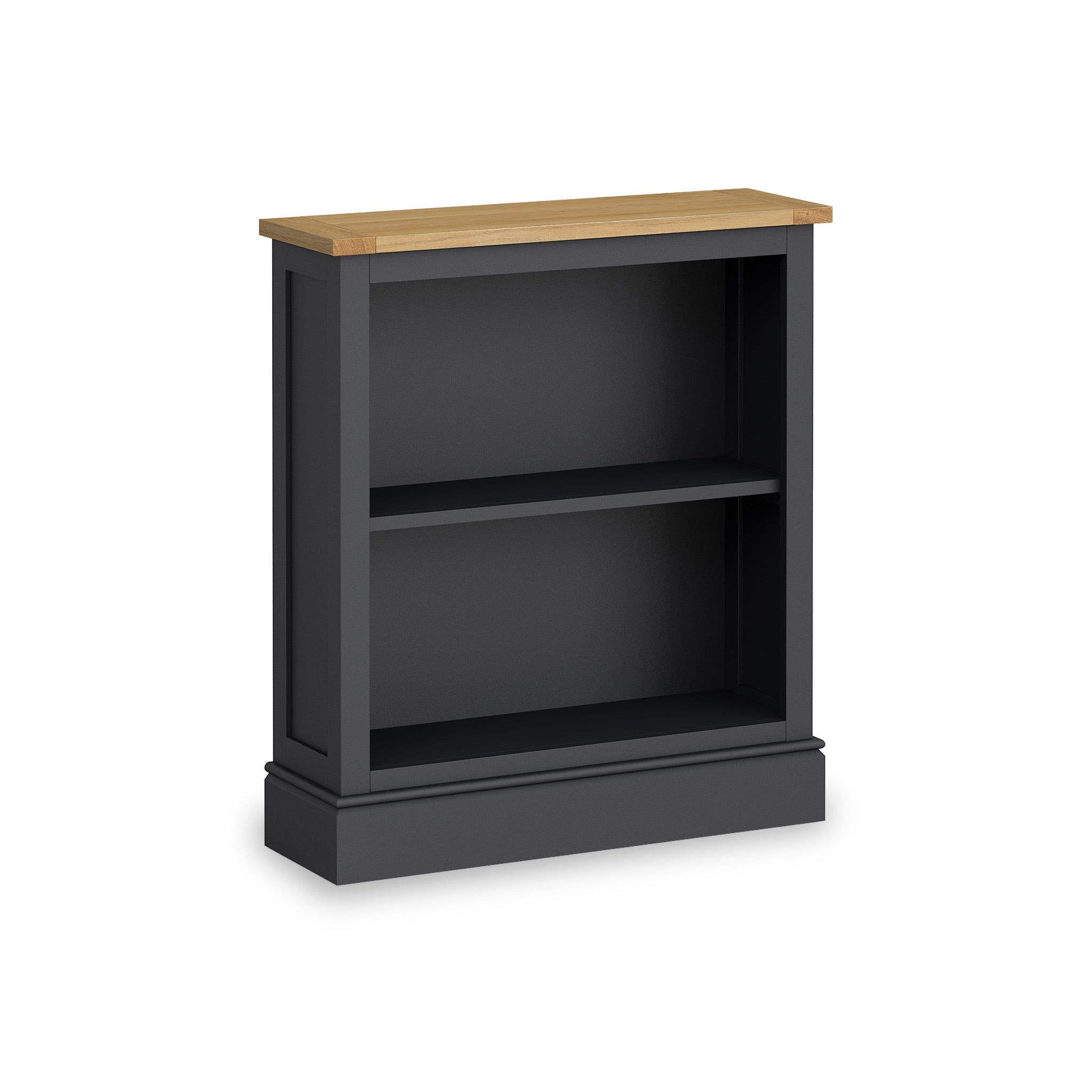 Bude Low Bookcase With Oak Top 2 Shelves Navy Blue Grey Ivory