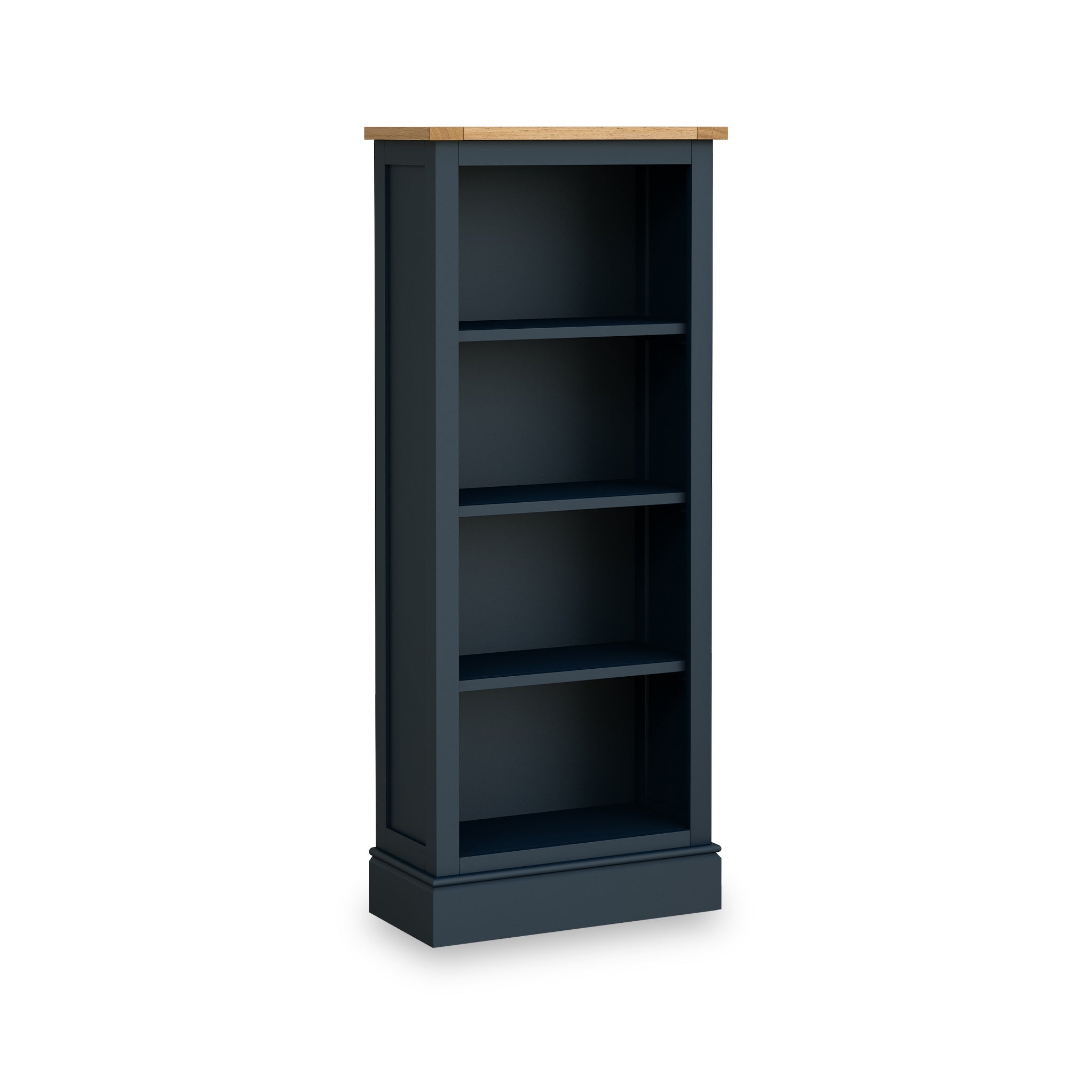 Bude Slim Bookcase With Oak Top 4 Shelves Navy Blue Grey Roseland