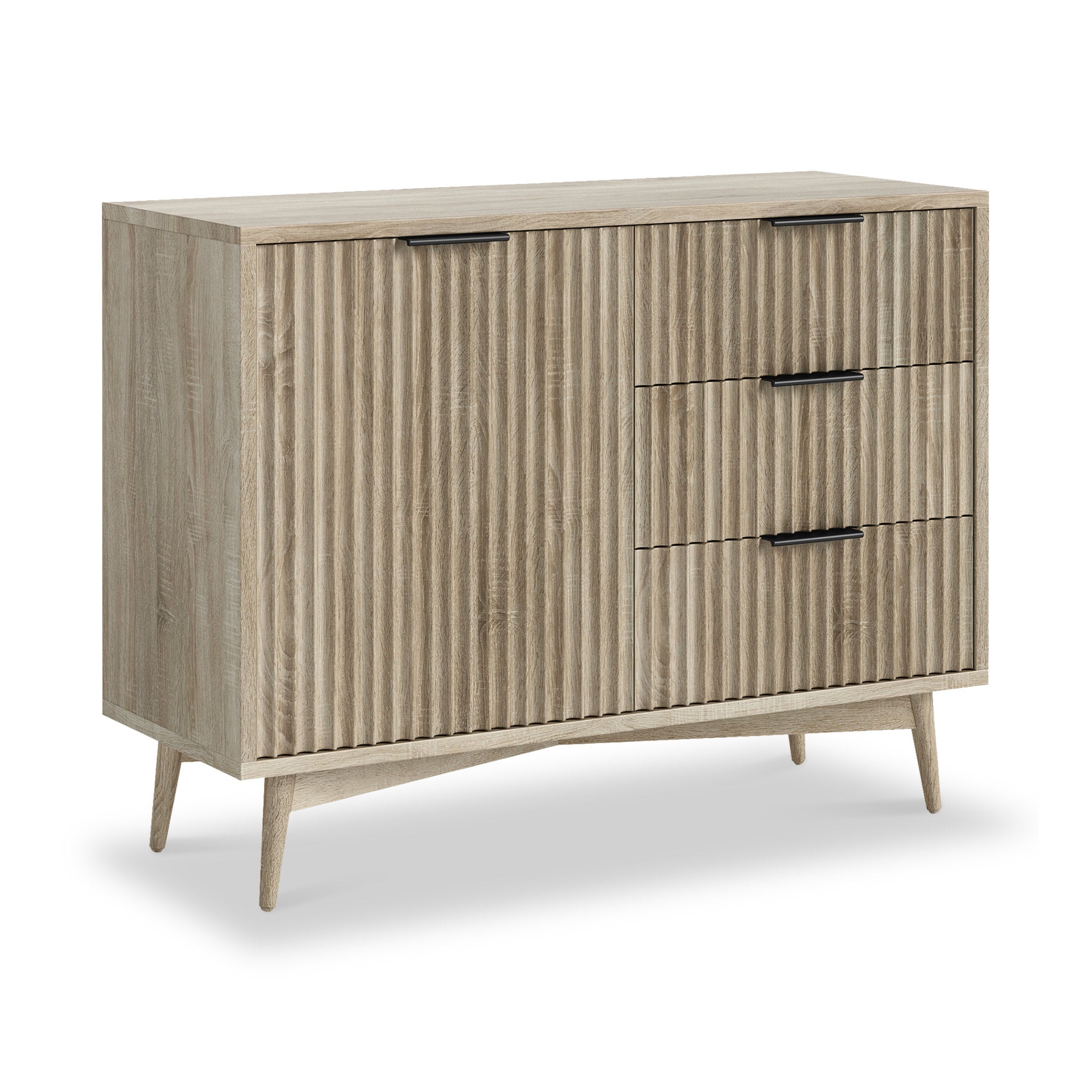 Jakob Oak Effect Small 3 Drawer Grooved Sideboard Cabinet Roseland