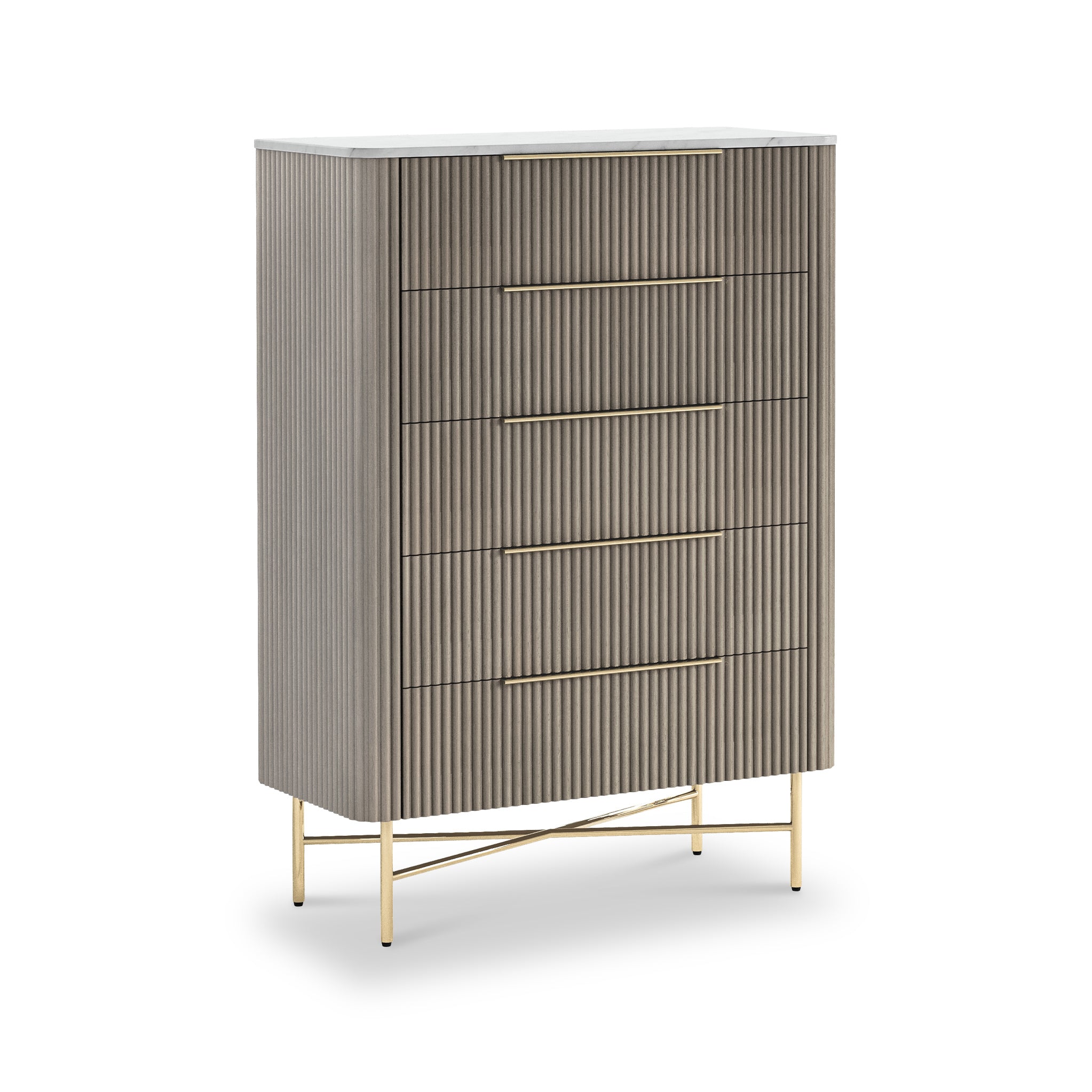 Amelie Grey Fluted 5 Drawer Chest Of Drawers With Marble Top