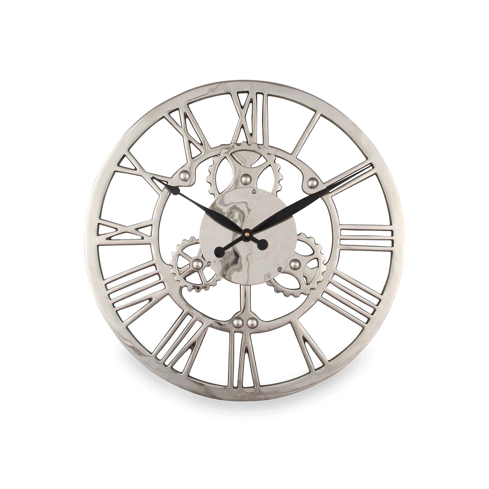 Shiny Nickel Cog Small Round Industrial Vintage Wall Clock Roseland