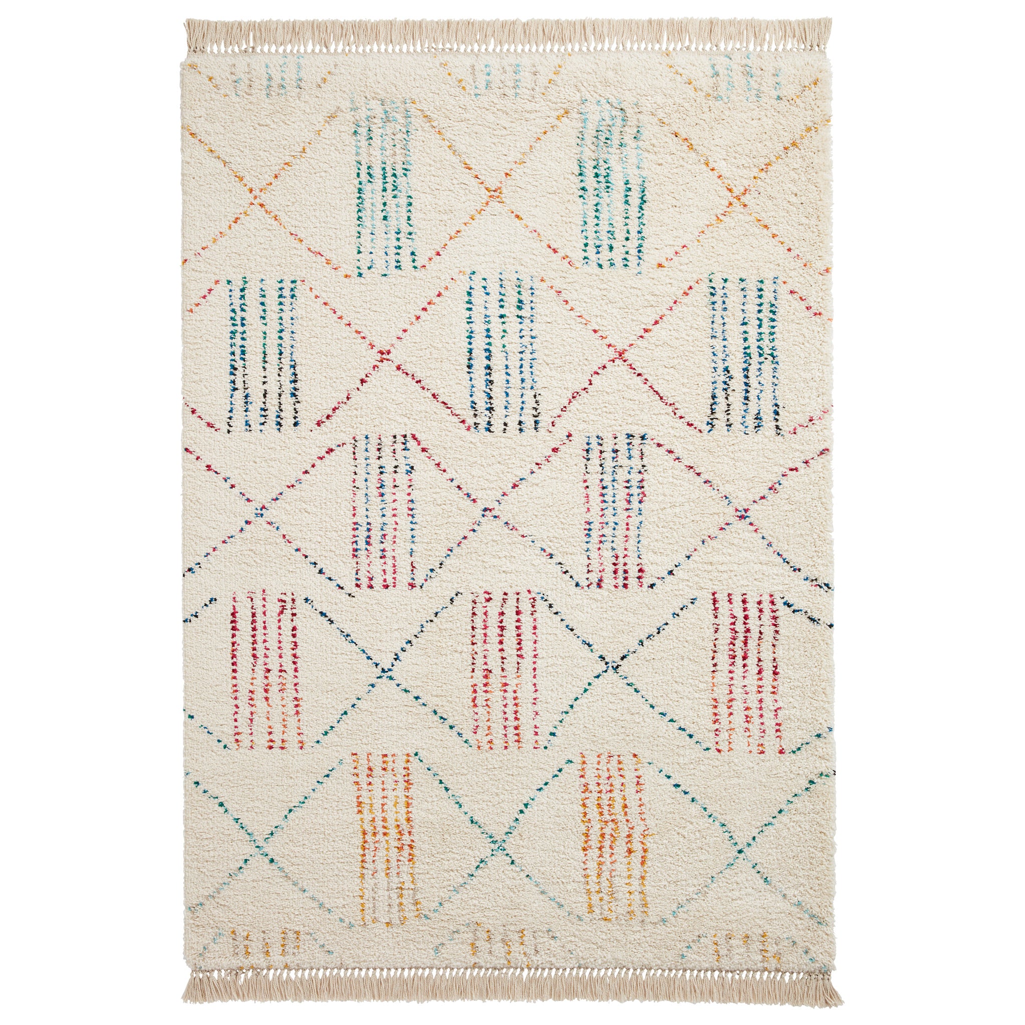 Edie Boho Moroccan Multi Coloured Patterned Shaggy Rectangular Rug For Living Room Or Bedroom