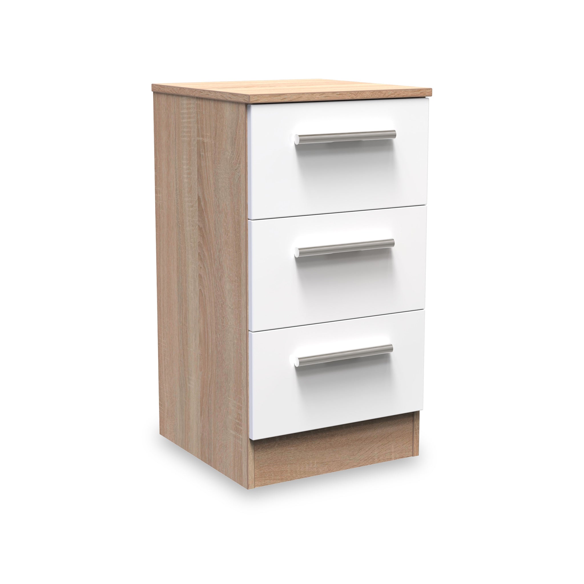 Blakely Gloss White Light Oak 3 Drawer Bedside Cabinet Roseland