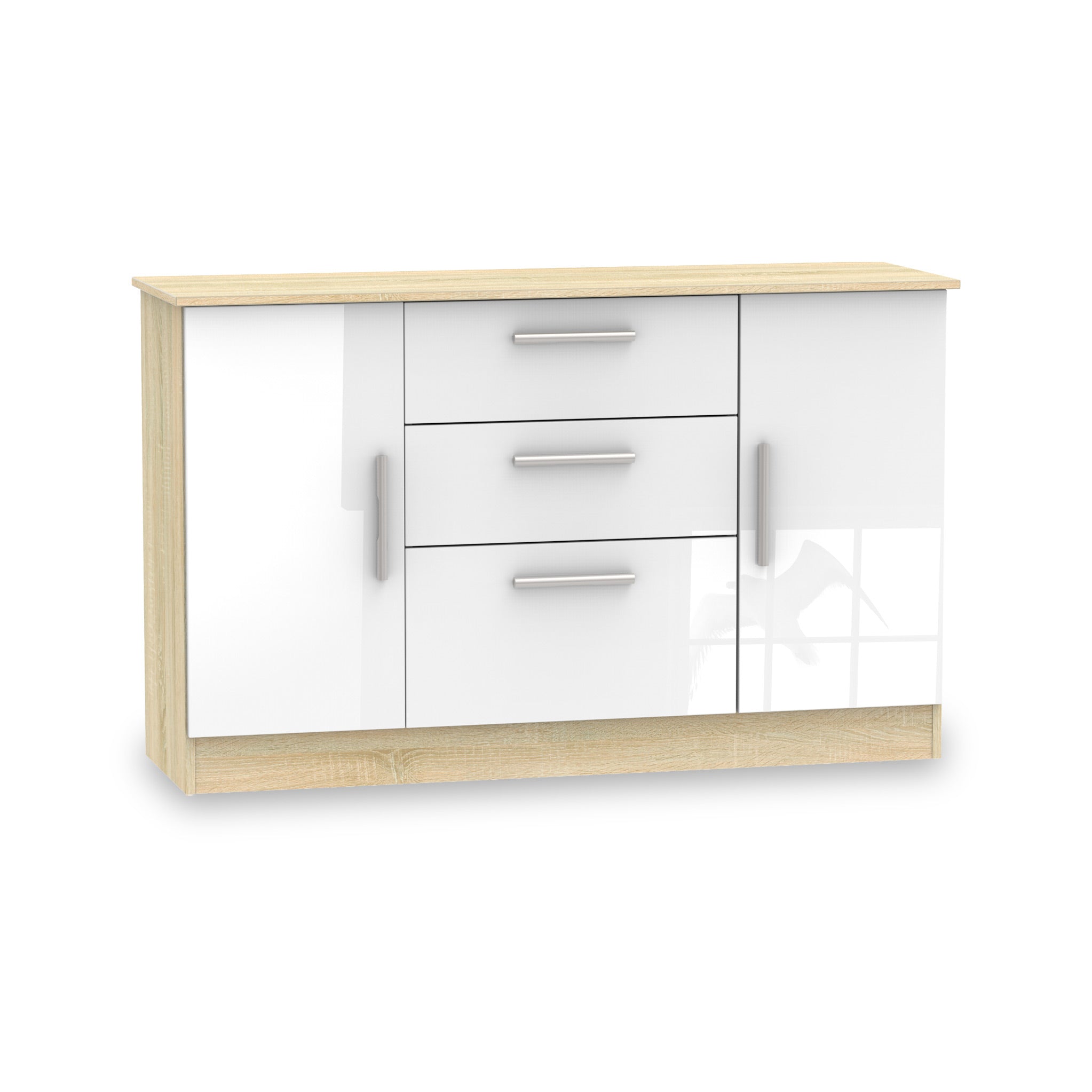 Blakely Glossy White Light Oak 2 Door 3 Drawer Sideboard Cabinet