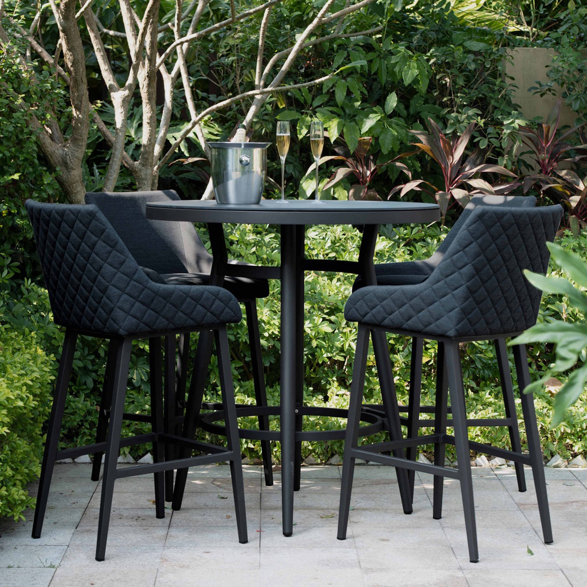 Maze 4 Seat Outdoor Round Bar Set With Quilted Stools Roseland
