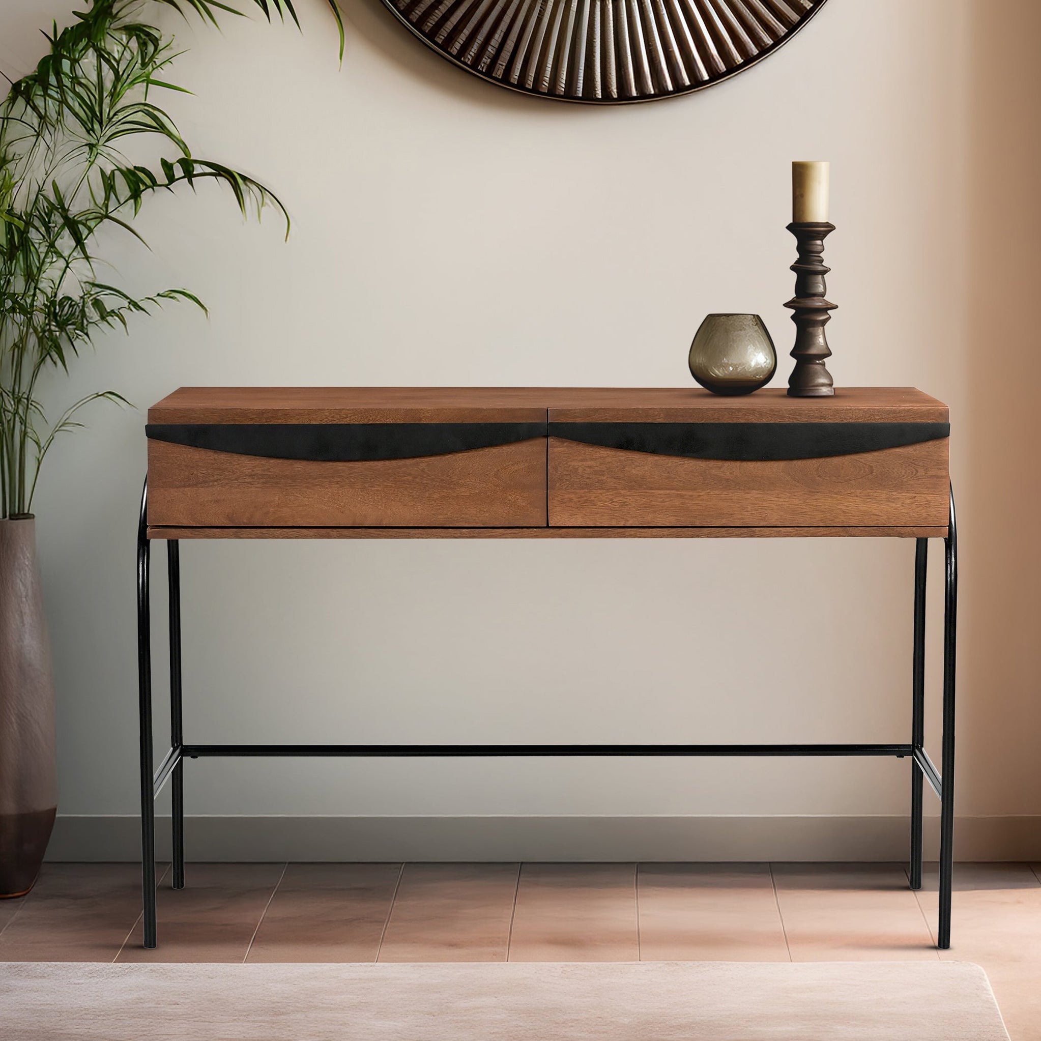 Hanae Mango Wood Console Table With Drawers Walnut Roseland