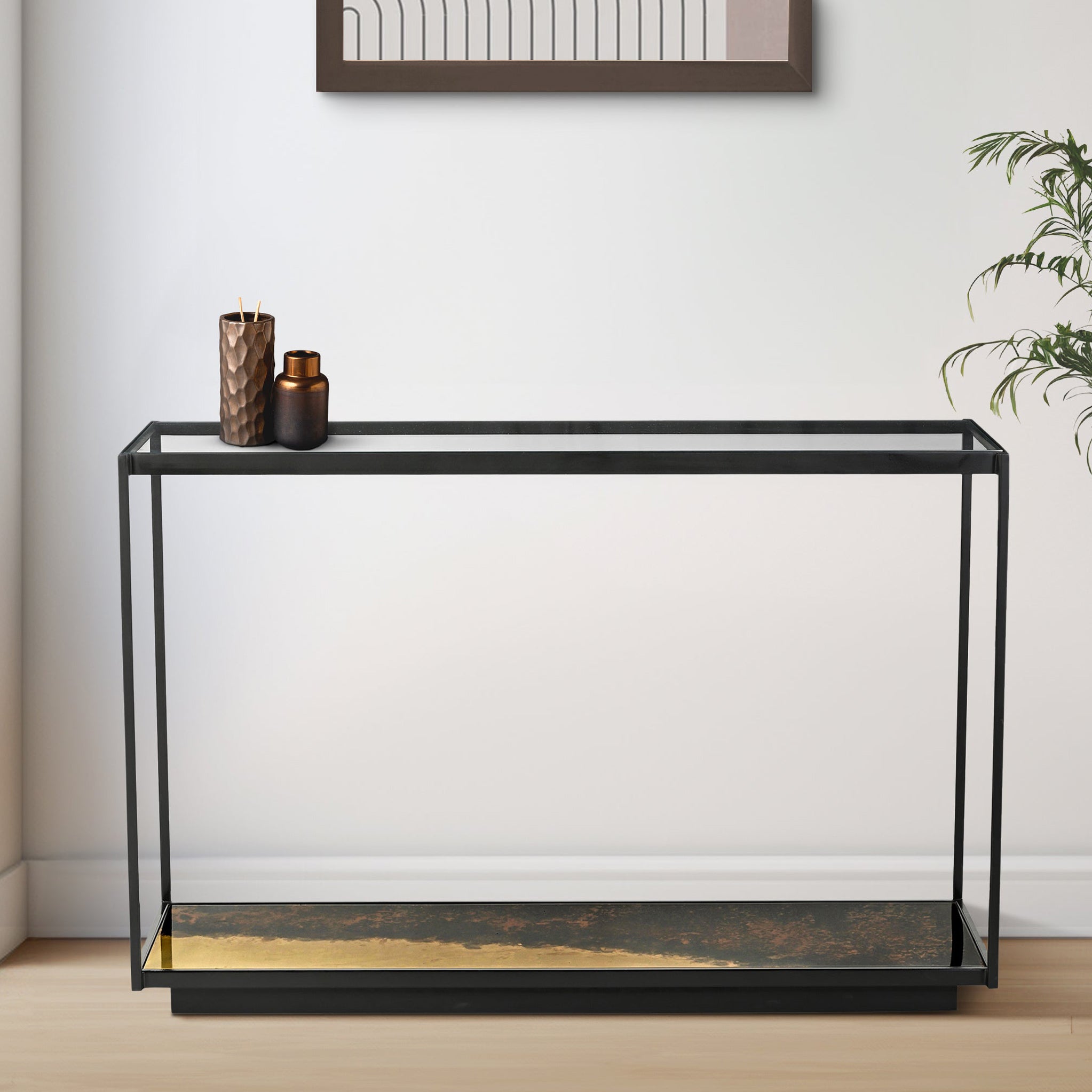 Caspian Industrial Iron Console Table With Tempered Glass Roseland