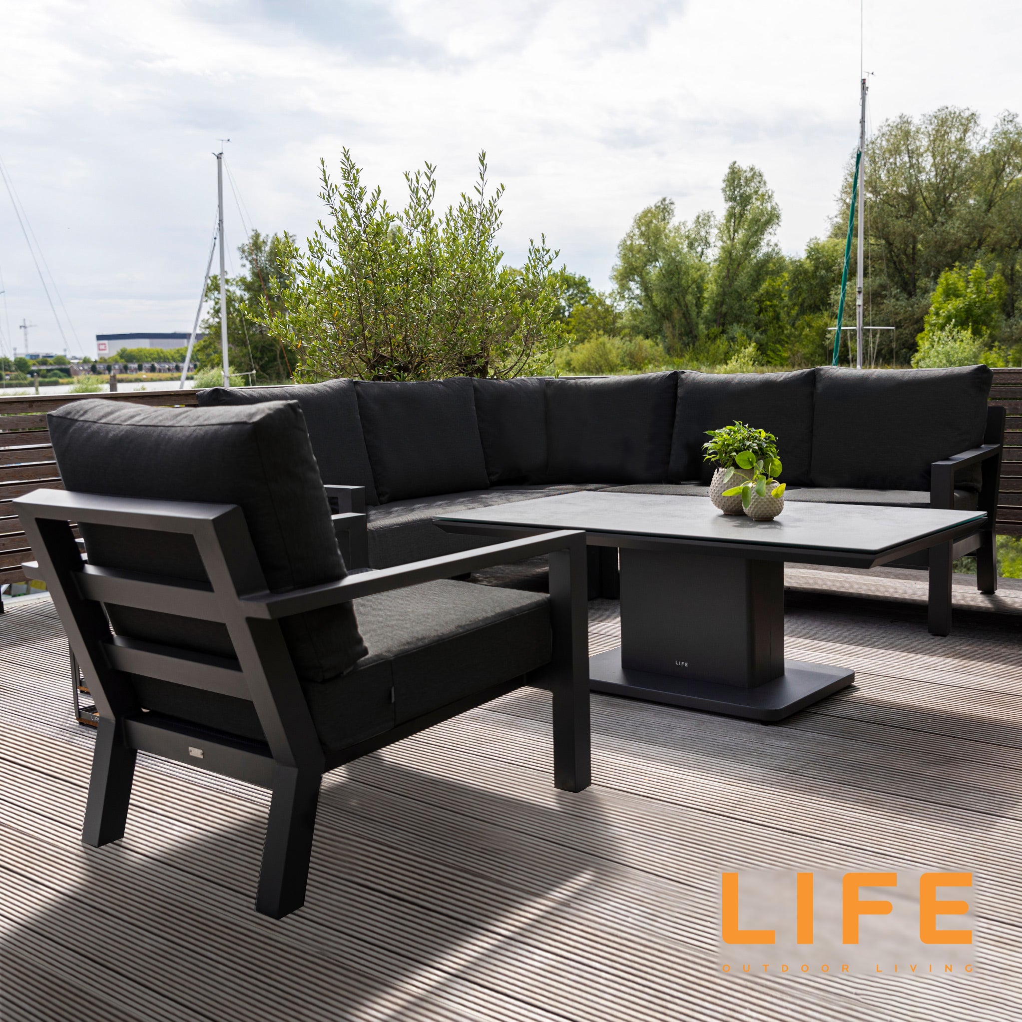 Life Timber Garden Corner Sofa Set With Ceramic Adjustable Table
