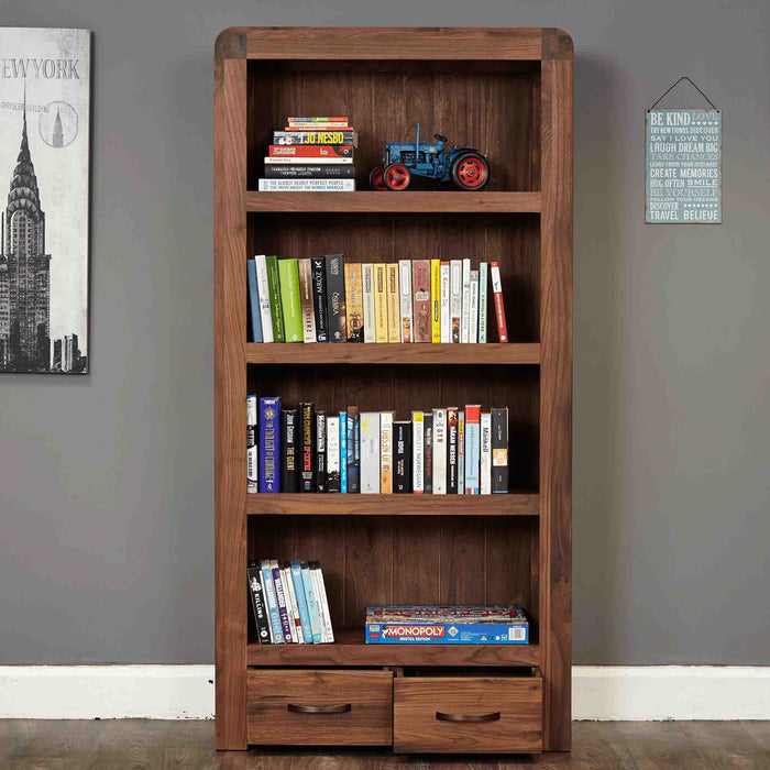 Solid Walnut Tall Bookcase 4 Shelves 2 Drawer Salem Walnut