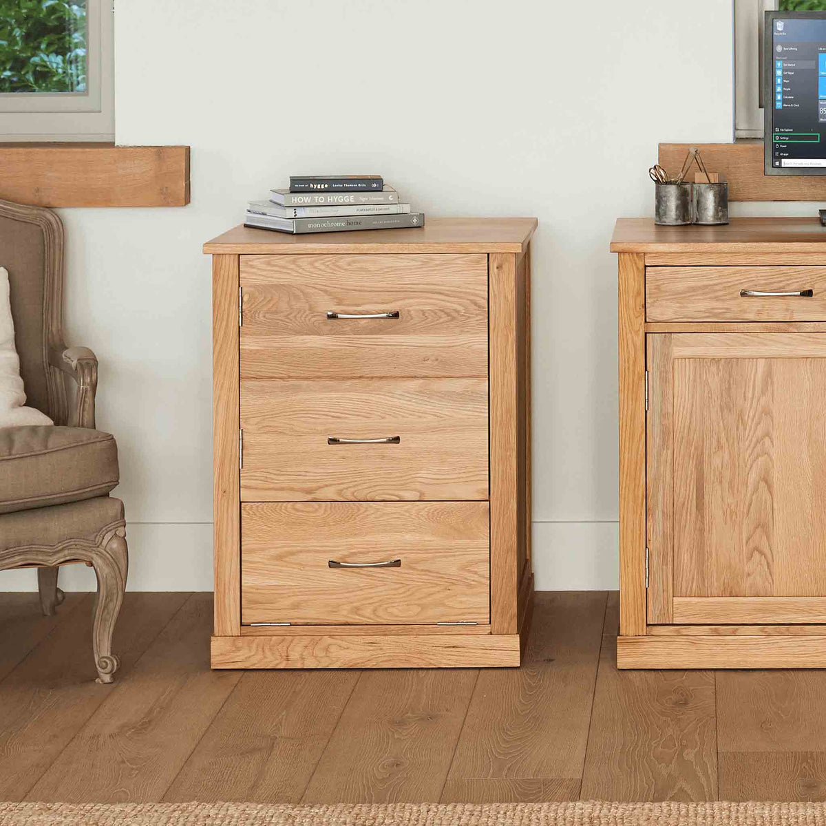 Mobel Oak Printer Cabinet with Drawer, Solid Wood Office Storage Unit