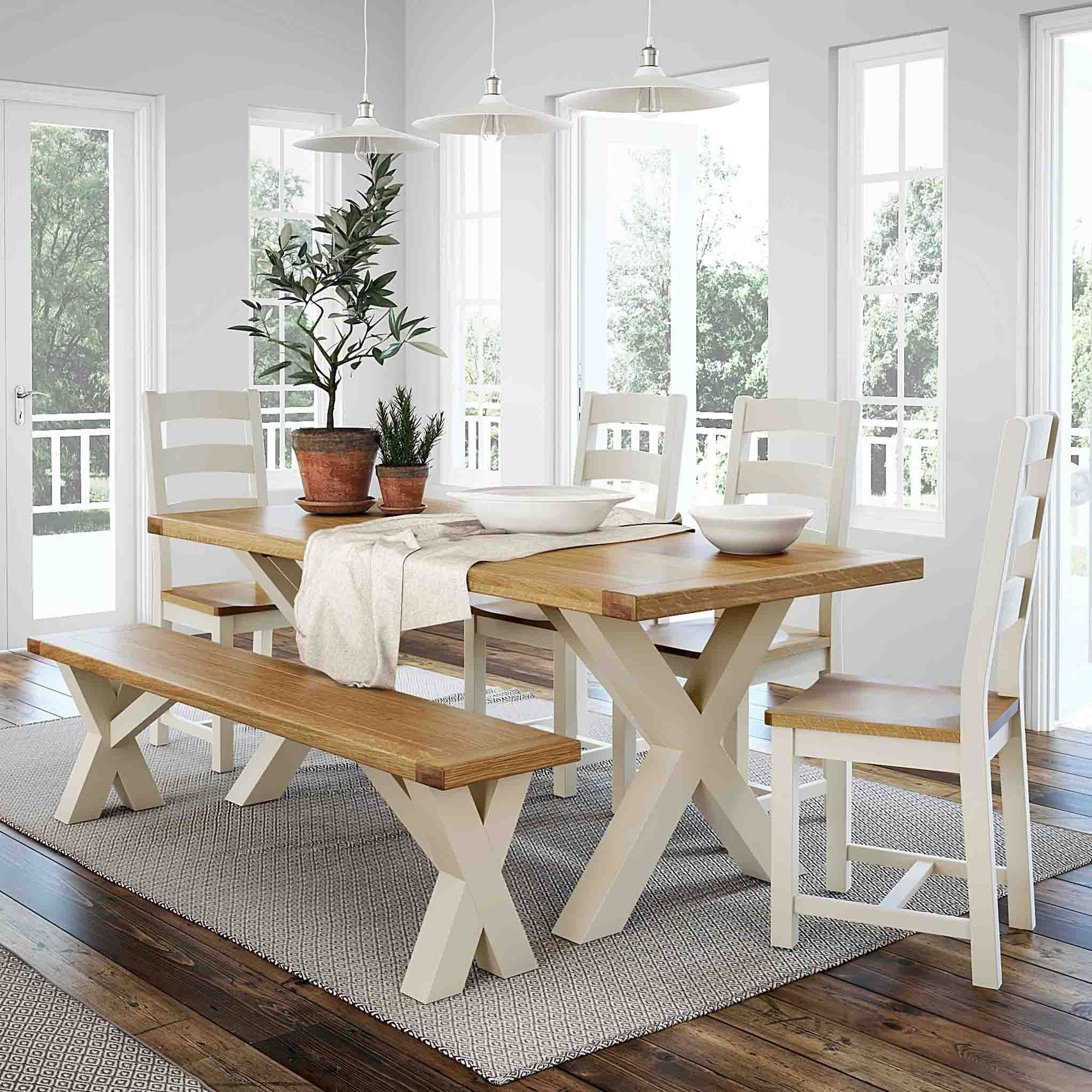 Daymer Cream Painted Cross Leg Dining Table With Oak Top Roseland Furniture