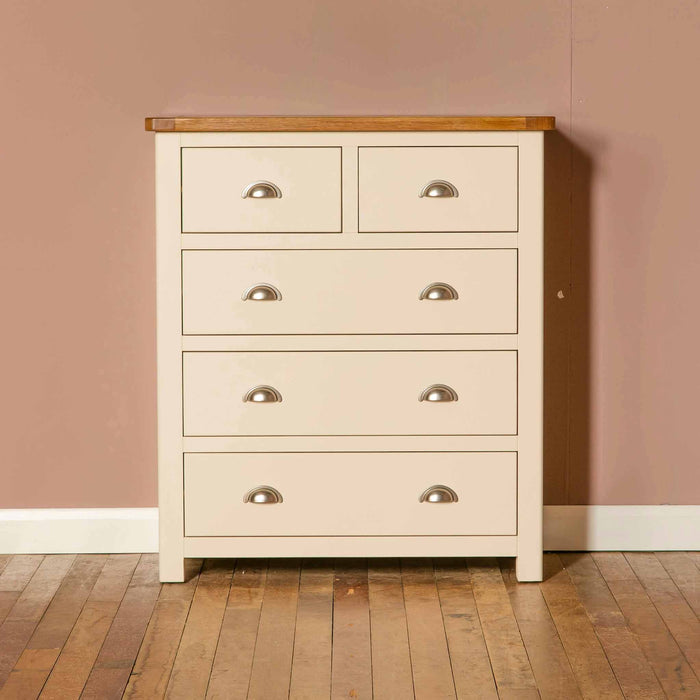 Padstow Cream 2 Over 3 Chest Of Drawers With Oak Top Solid Wood