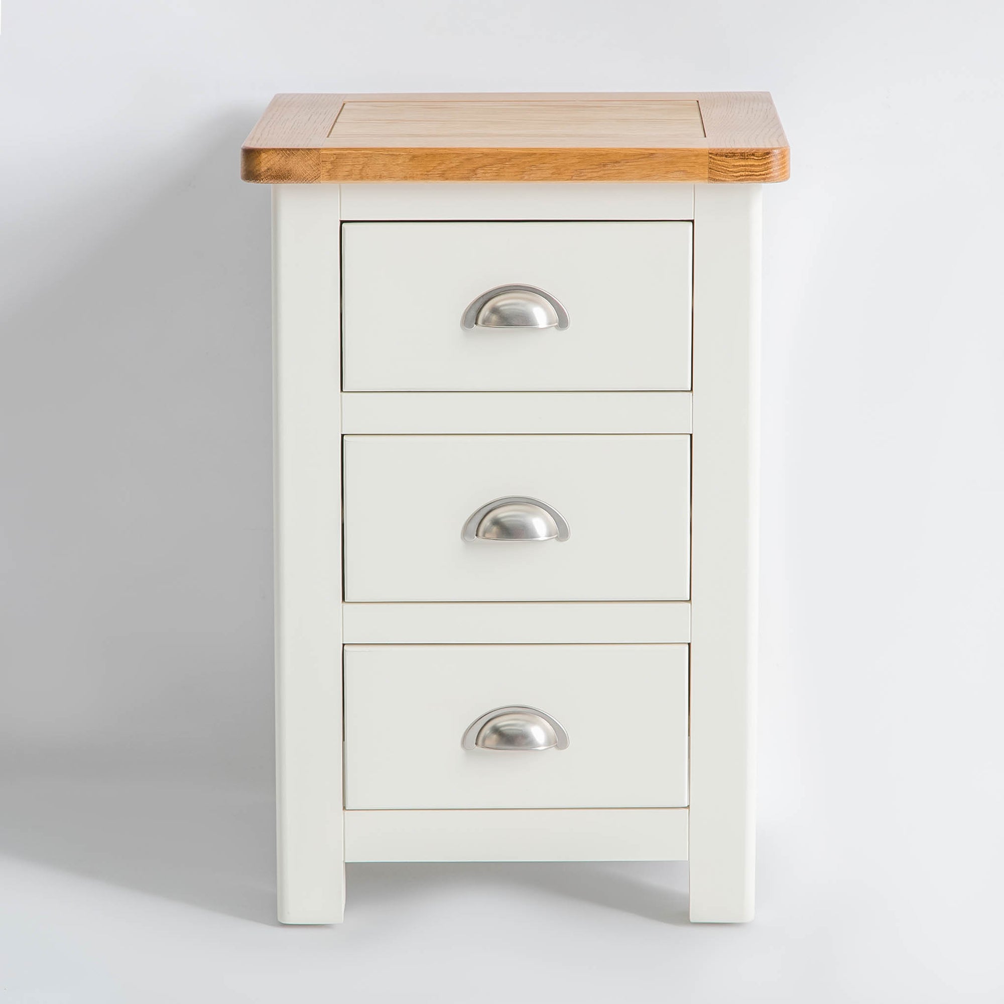 Padstow White 3 Drawer Bedside Oak Top Solid Wood Cup Handles Roseland Furniture