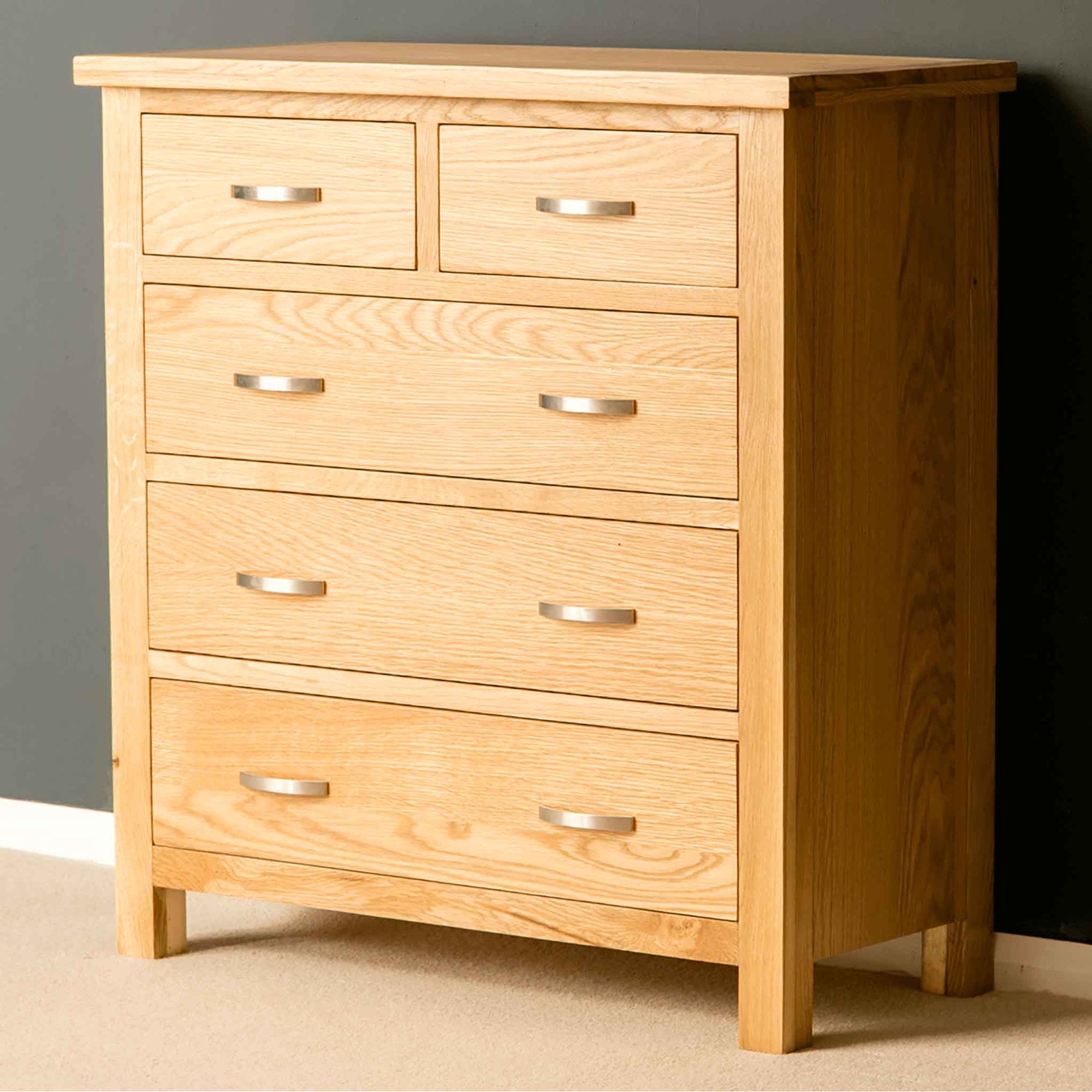 London Oak 2 over 3 Chest of Drawers, 85cm Tall Solid Wooden Bedroom