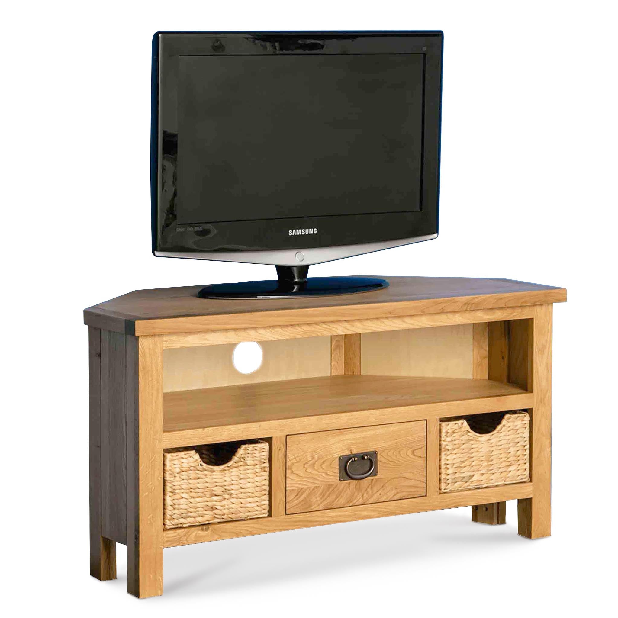 Surrey Oak Corner Tv Stand With Baskets Roseland