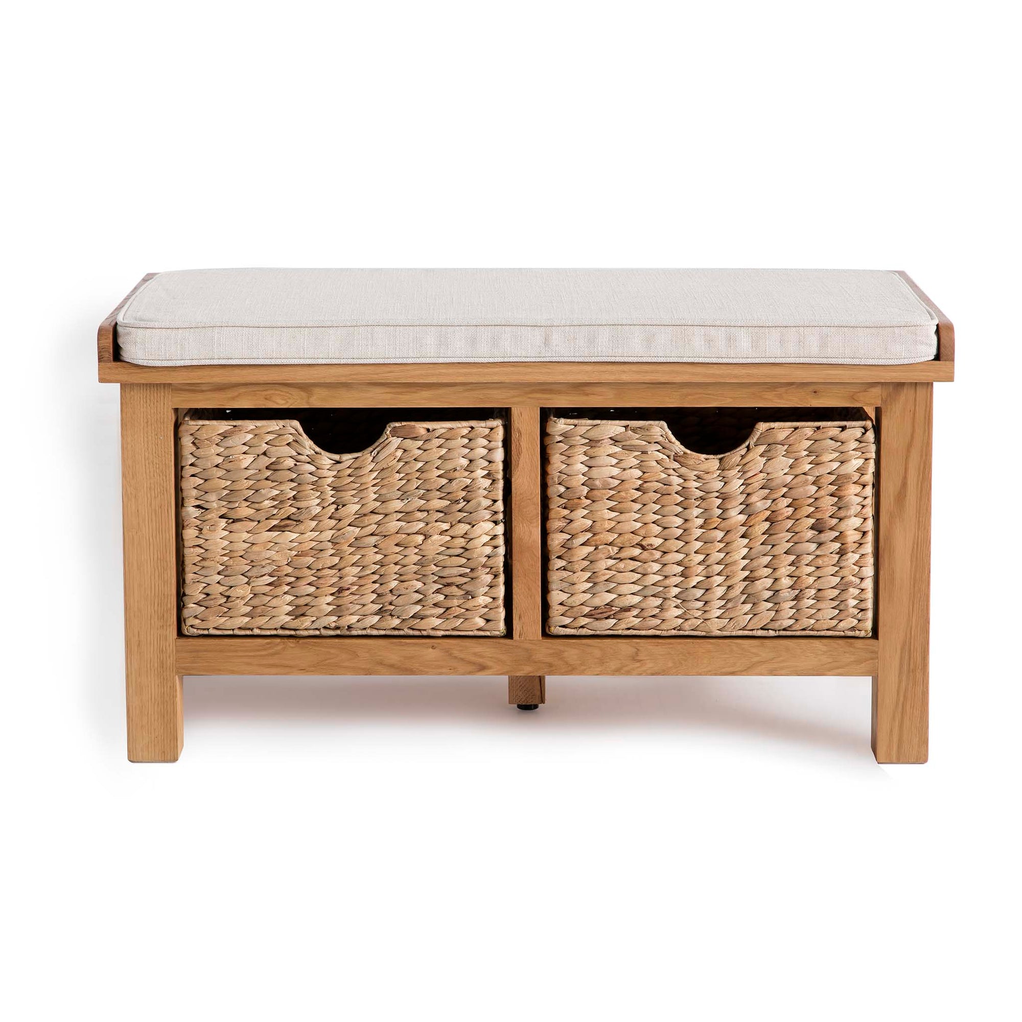 Surrey Oak 90cm Hallway Storage Bench With Baskets Soft Fabric Seat For 2 3 People