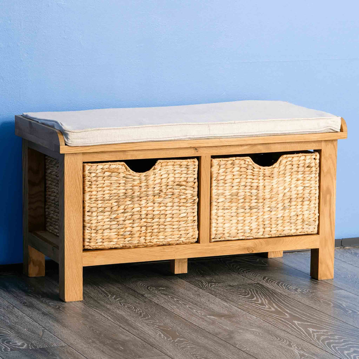 Surrey Oak 90cm Hallway Storage Bench with Baskets & Soft Fabric Seat