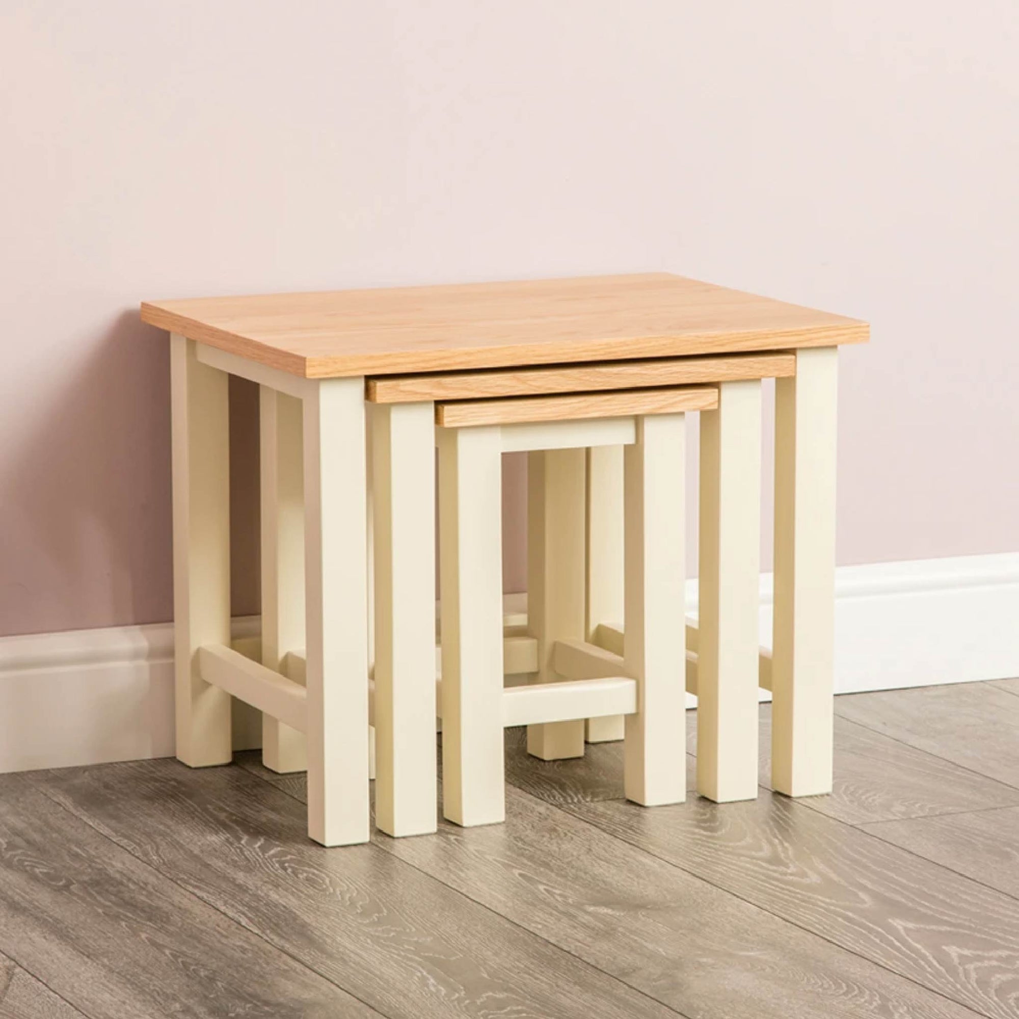 Farrow Cream Nest of 3 Tables, Solid Wood, Oak Tops Roseland Furniture