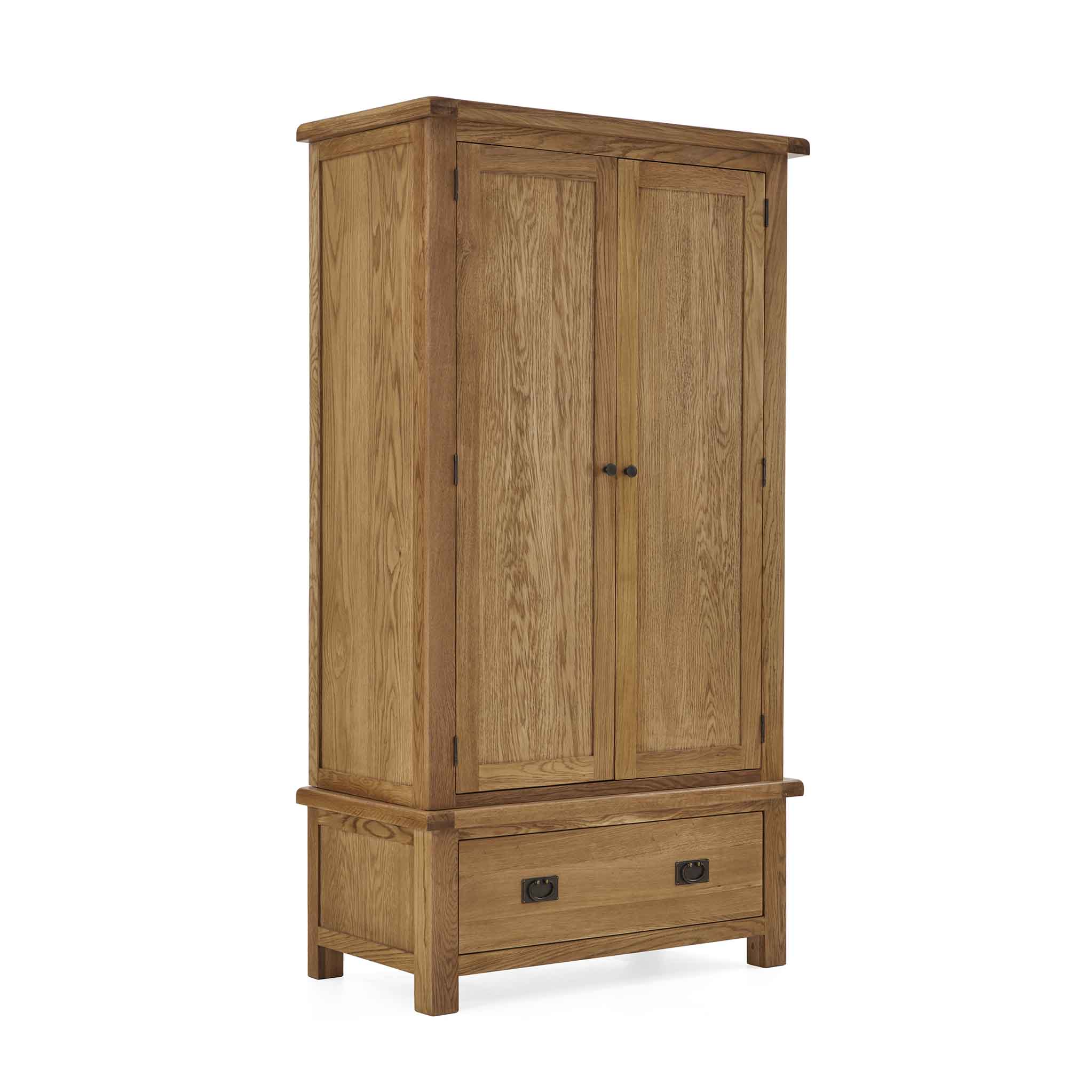 Zelah Oak Double Wardrobe With Drawers Solid Wood Rustic Waxed