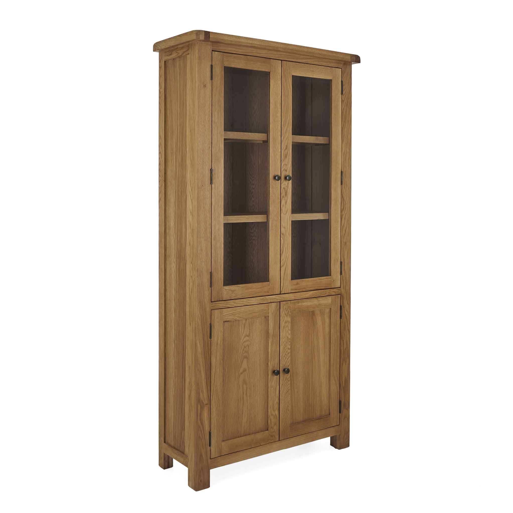 Zelah Oak Display Cabinet With Cupboard Solid Wood Rustic Wax Finish