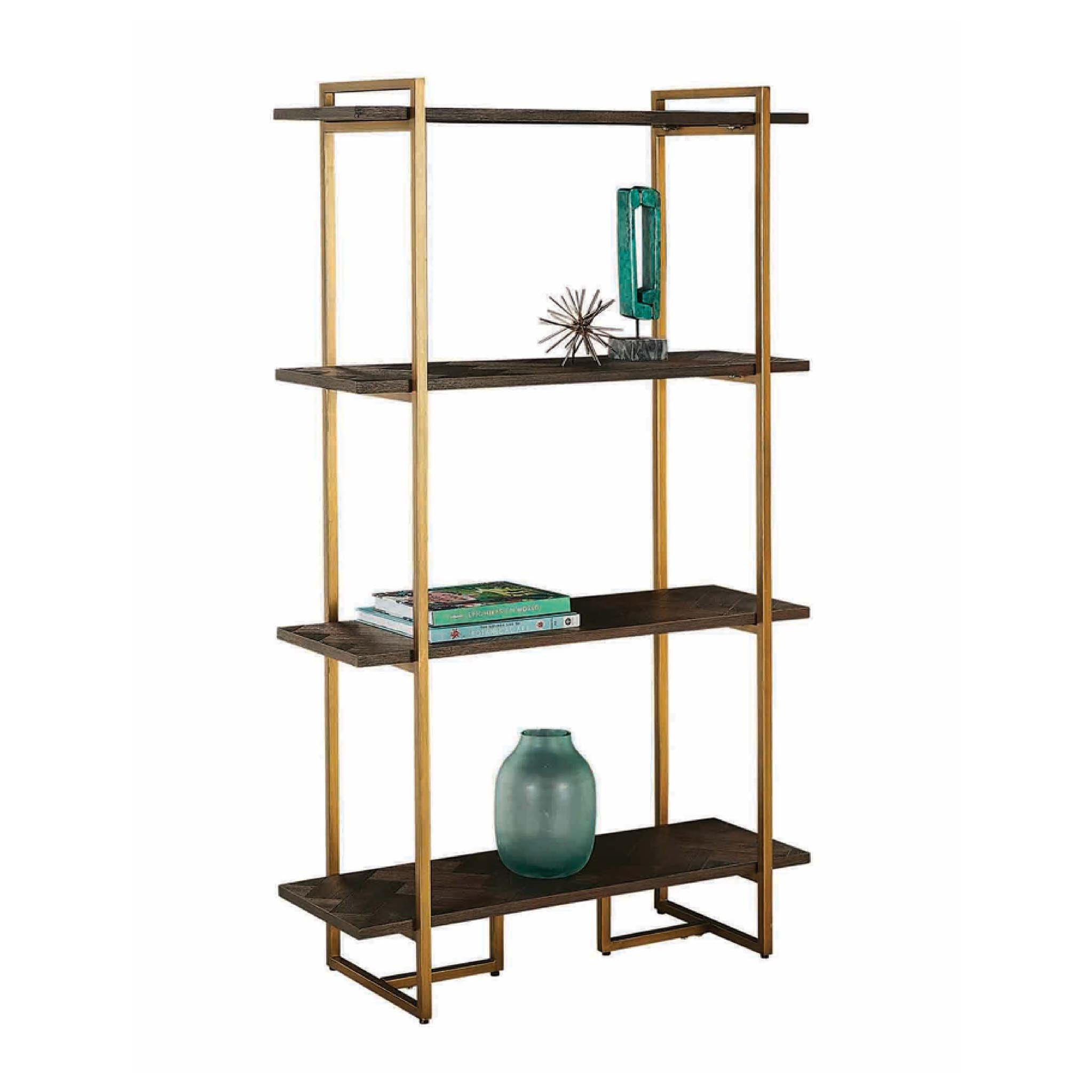 Houston Acacia Wooden 4 Tier Open Bookcase With Brass Frame Roseland