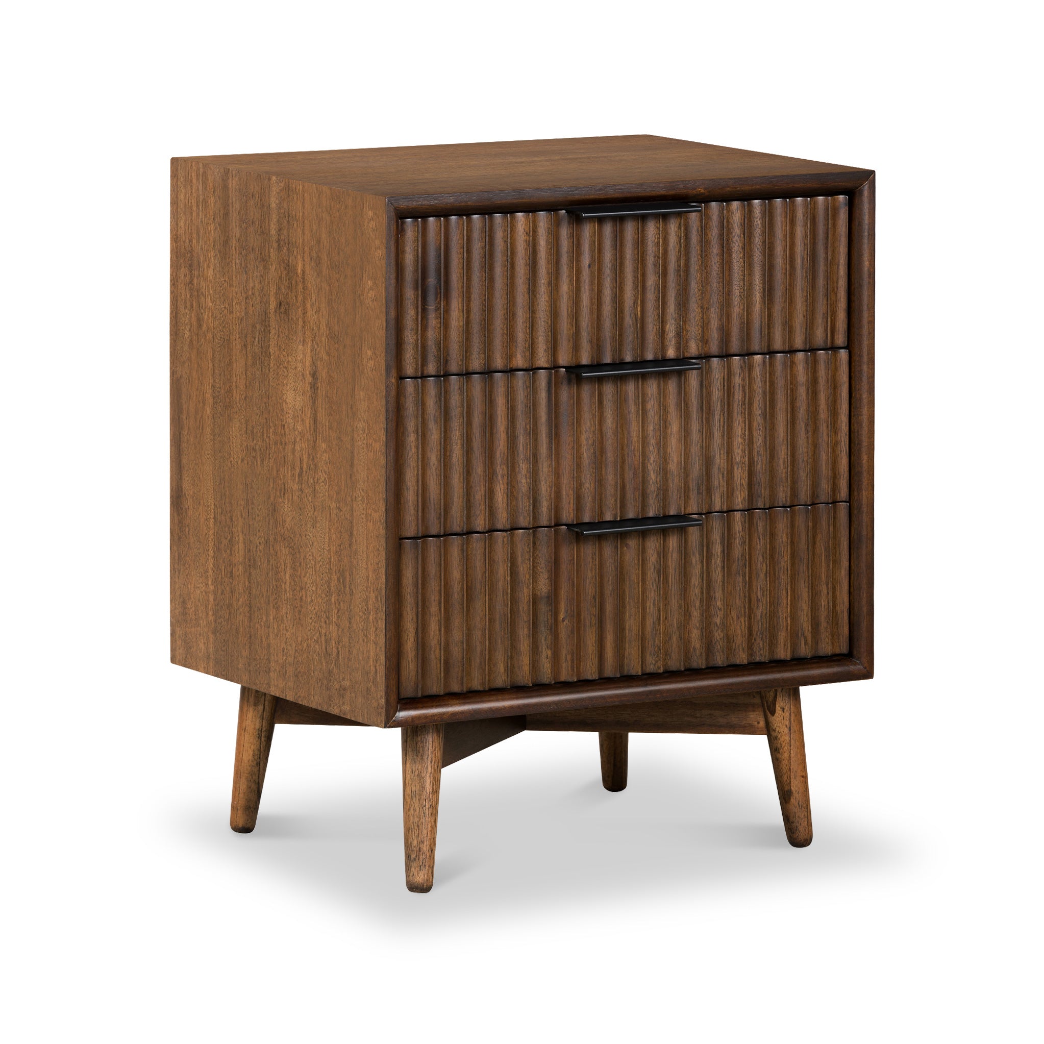 Oskar Walnut Stain 3 Drawer Grooved Bedside Table Roseland