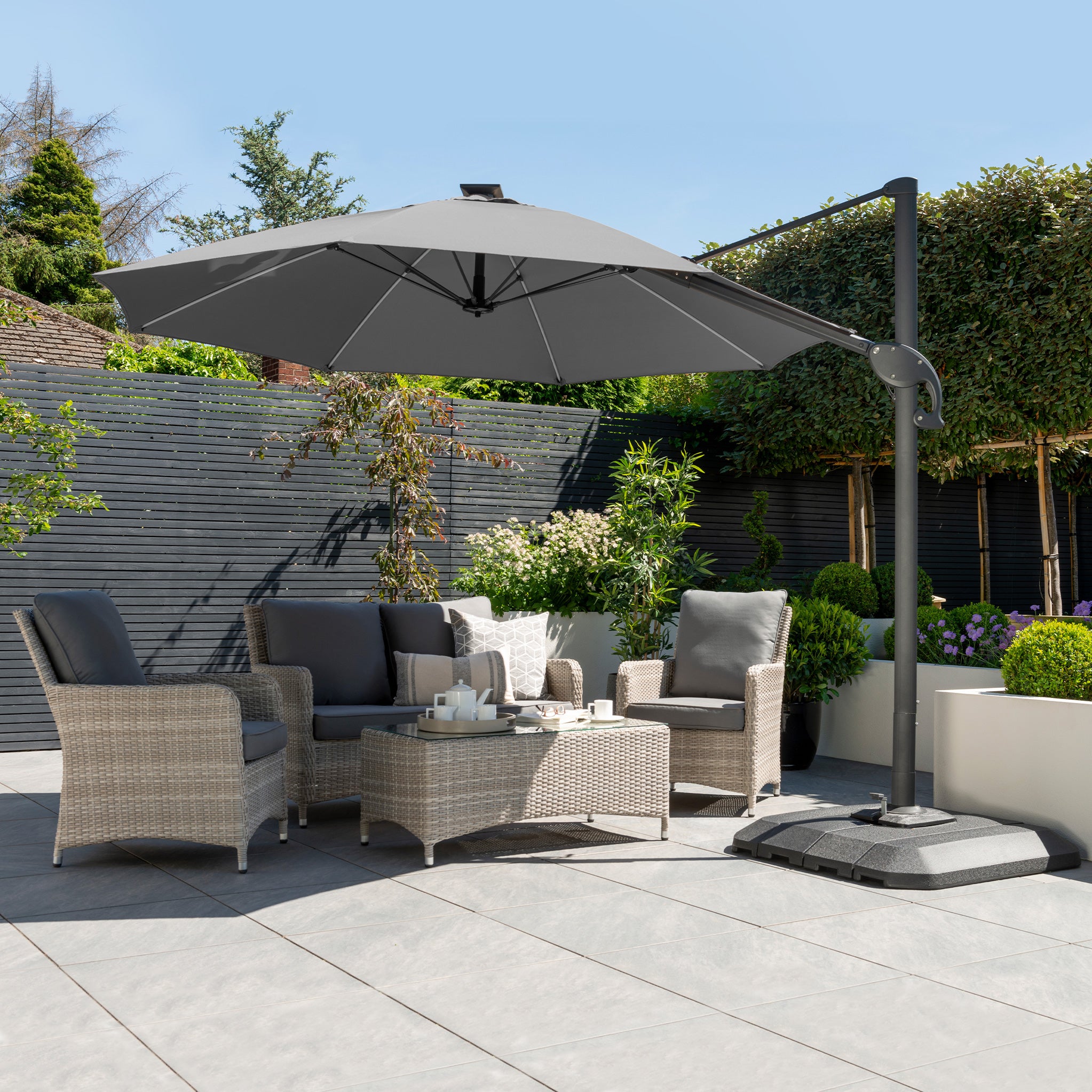 3m Grey Round Led Cantilever Parasol With Water Filled Base Roseland