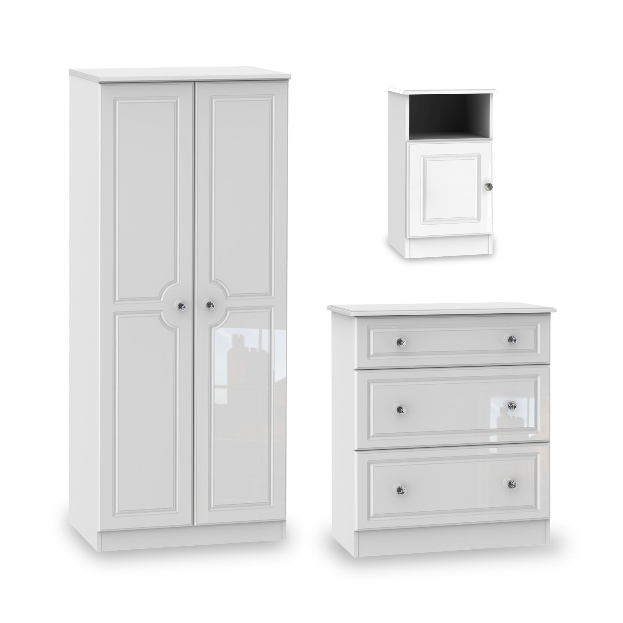 Kinsley White Gloss 3 Piece Bedroom Set Inc Bedside Storage Chest Wardrobe