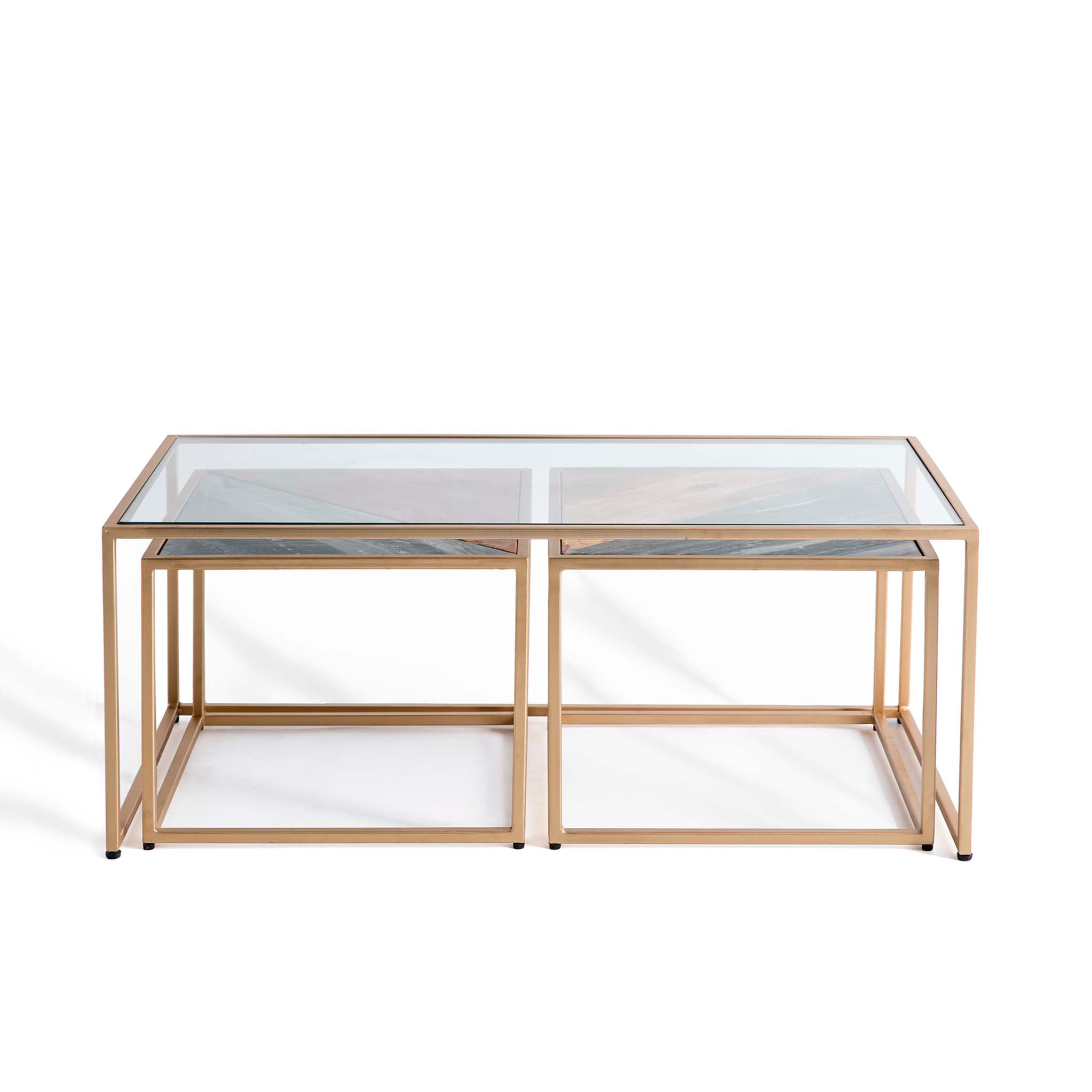 Kandla Glass Coffee Table With Marble Mango Wood Nest Of Tables