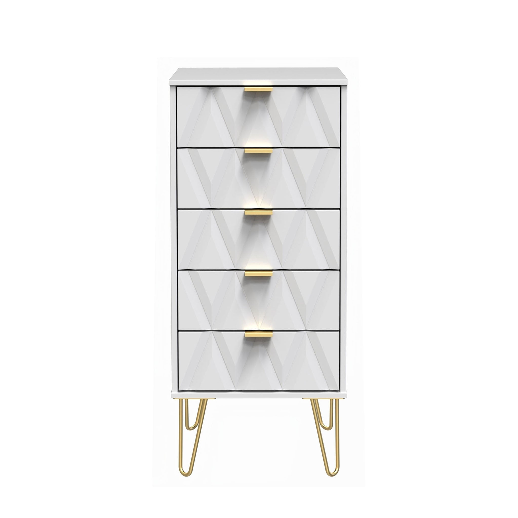 Geo Contemporary Chic Narrow 5 Drawer Tallboy Chest With Gold Hairpin Legs