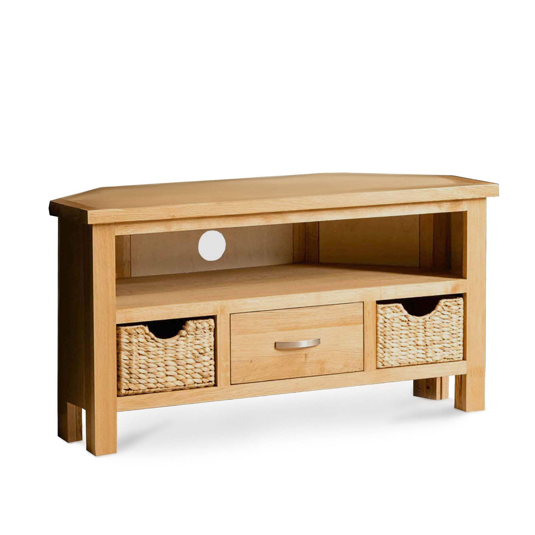 London Oak Corner Tv Stand With Baskets For Screens Up To 56 Oak