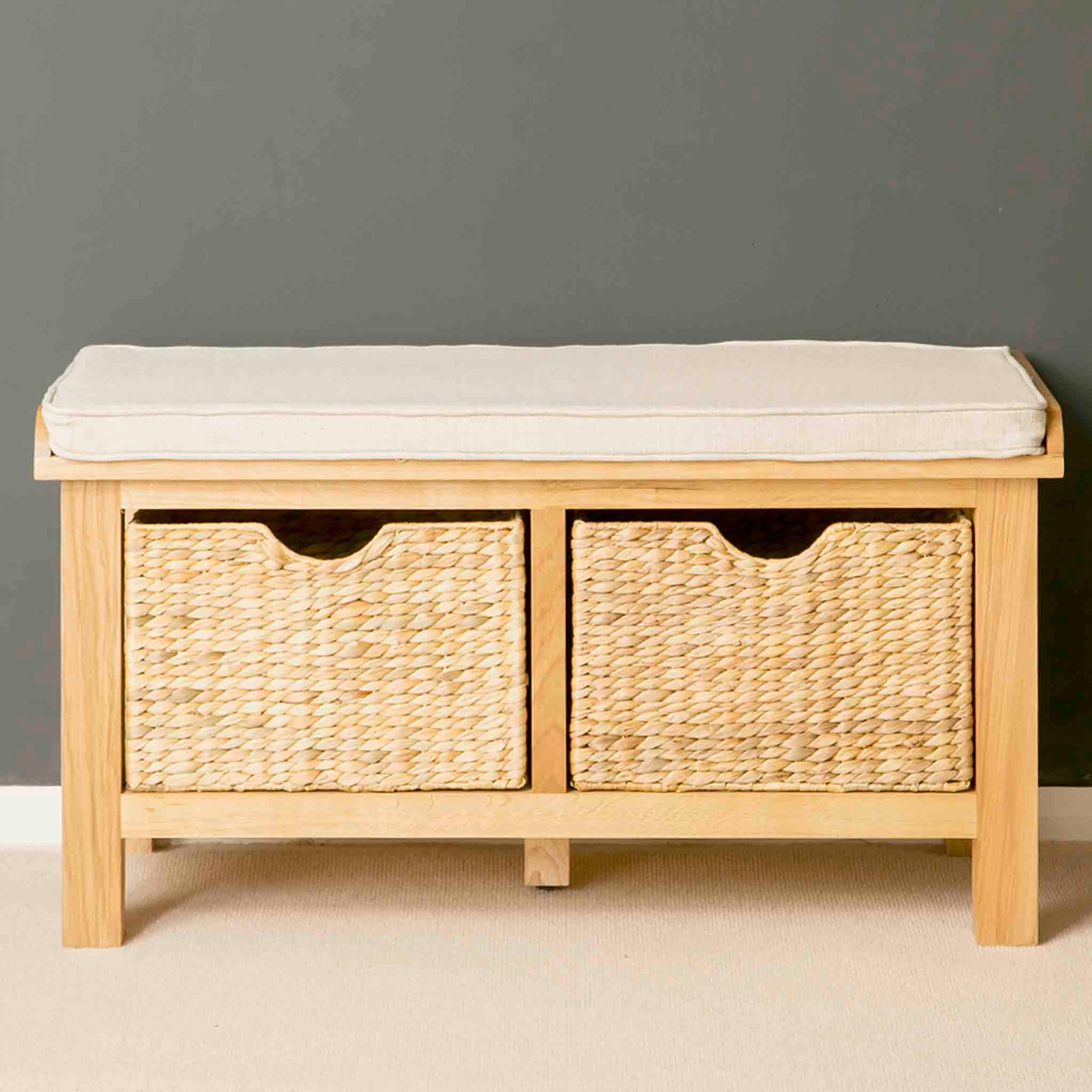 London Oak Hall Storage Bench with Baskets, Solid Wooden Shoe Storage